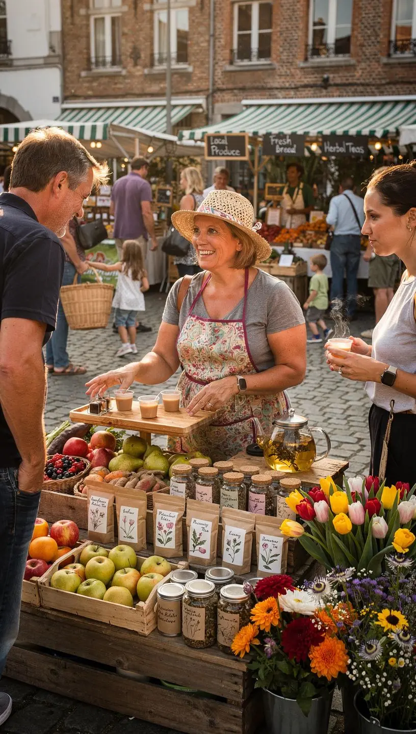 Tasse de thé fumant entourée de pétales de fleurs fraîches.