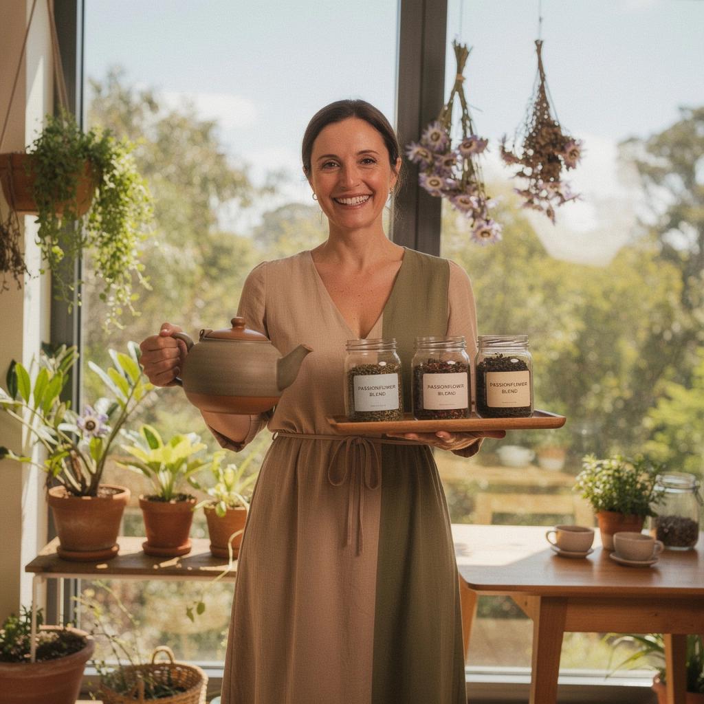 Un sachet de thé à la passiflore avec des herbes fraîches en arrière-plan.